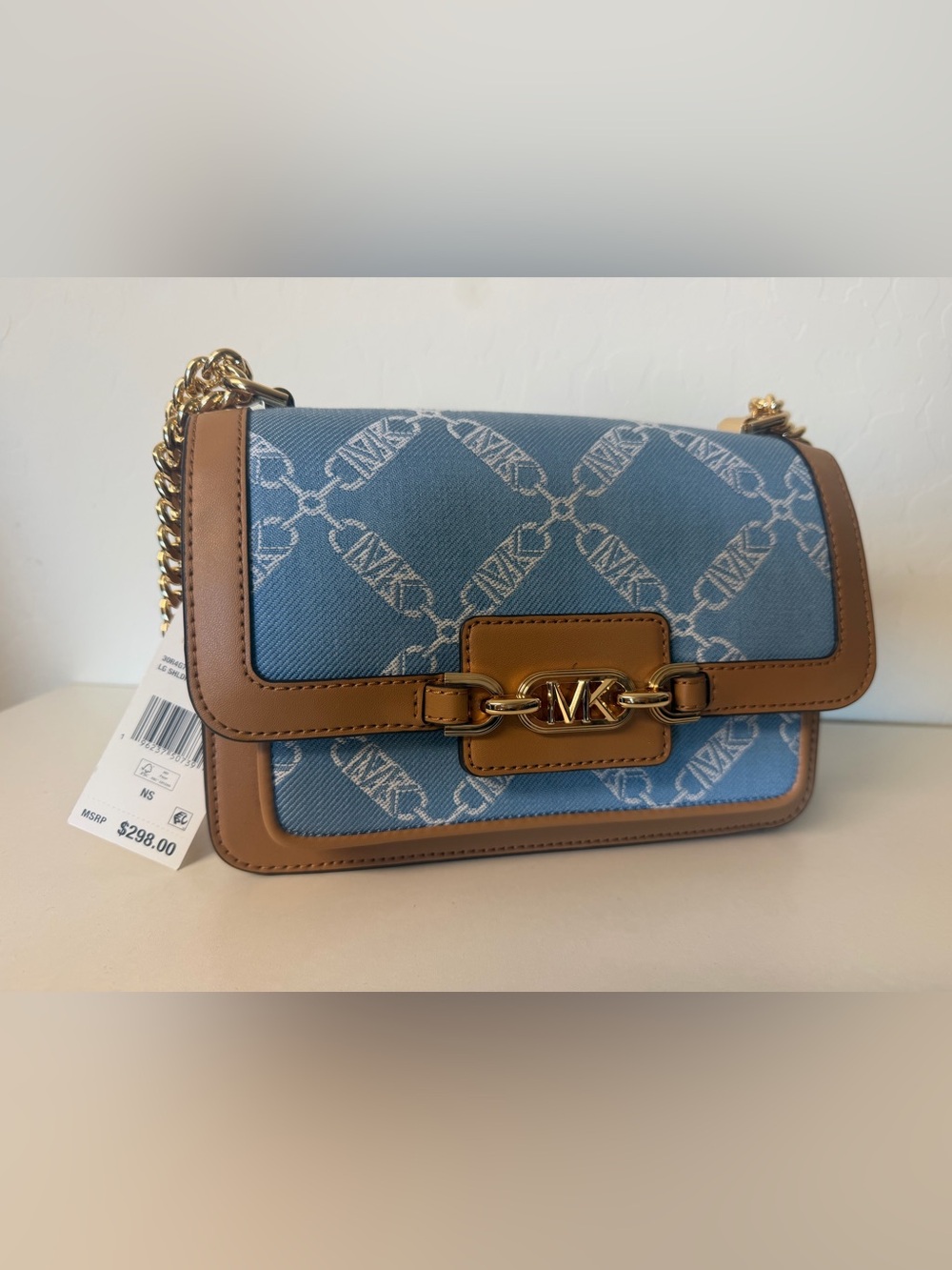 Michael Kors Denim Logo Shoulder Bag with Brown Trim and Gold Hardware
